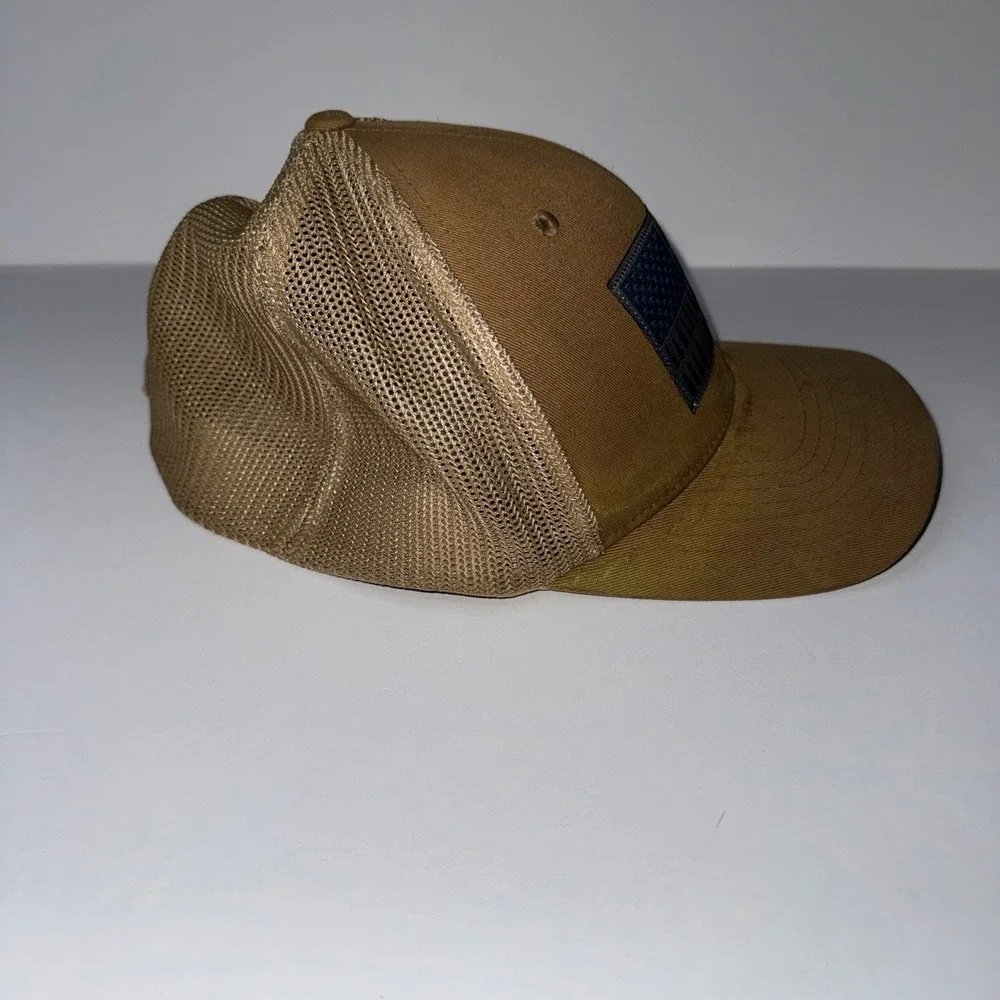 Mens OS Columbia Trucker Hat Brown Good Tree Flag Patch Flexfit Mesh Cap